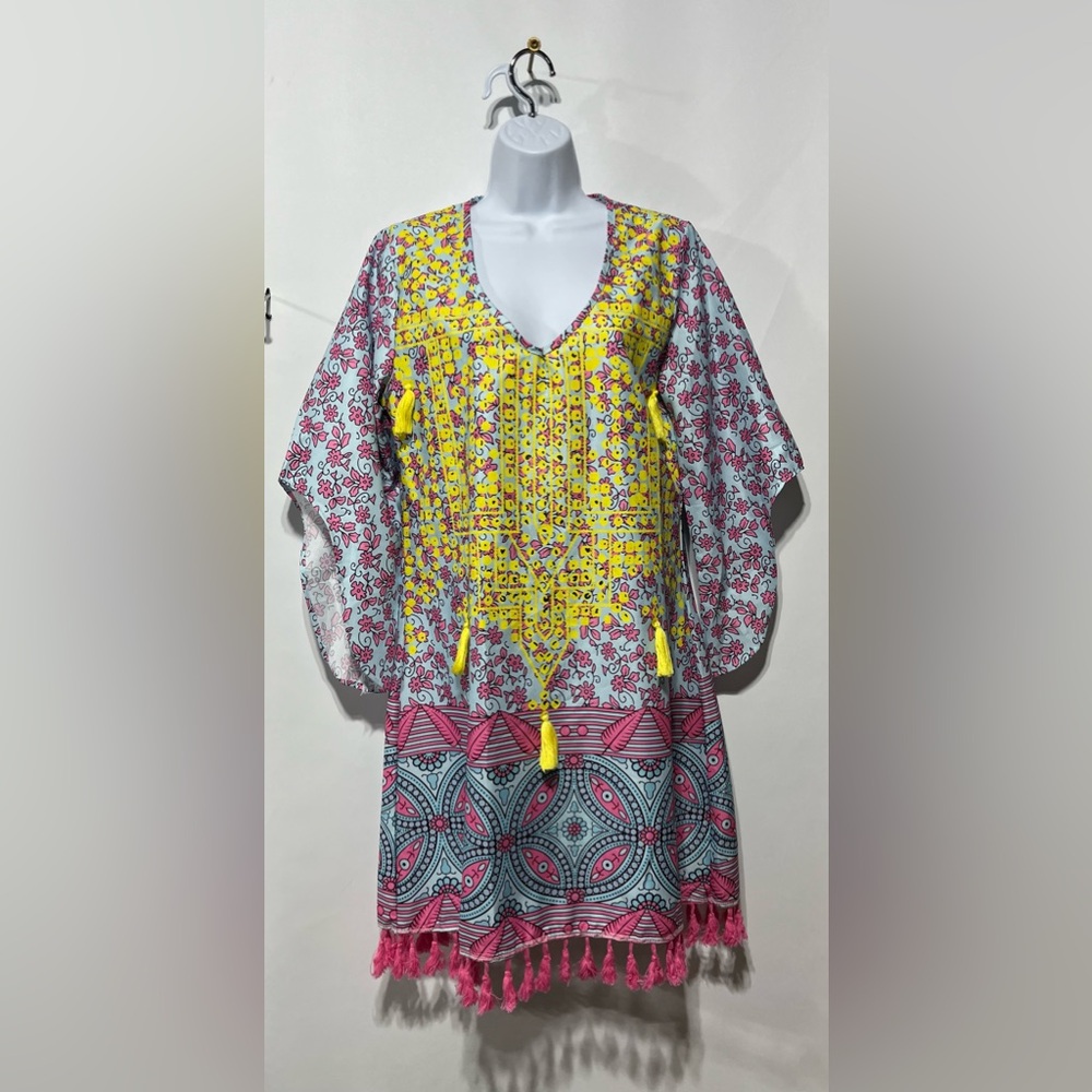 MISLOOK Women’s Floral Patterned Tassel Dress with Yellow Accents Size Large